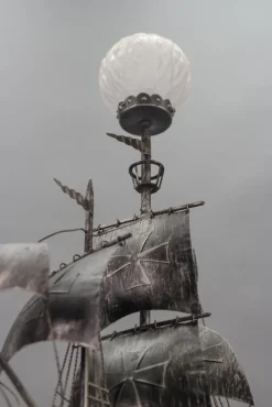 New Pamono Spanish Wrought Iron and Glass Galleon Sailing Ship Shaped Floor Lamp, 1950s