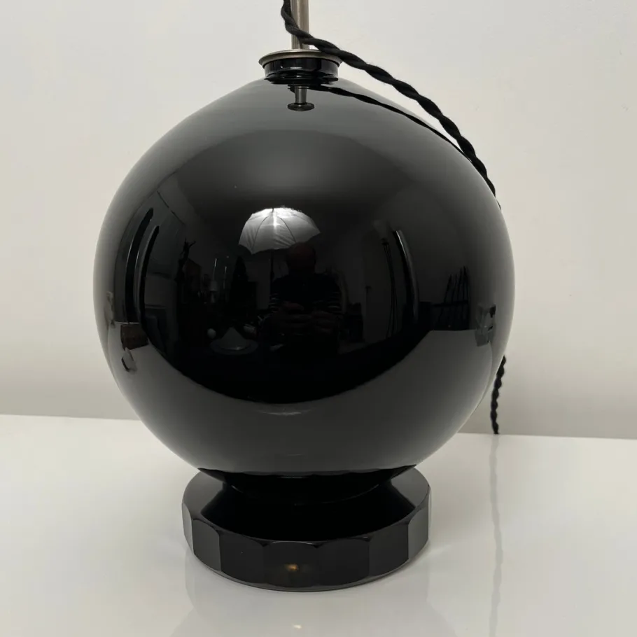Best Pamono Spherical Desk Lamp in Black Opaline Glass in the style of Jacques Adnet, France, 1930s