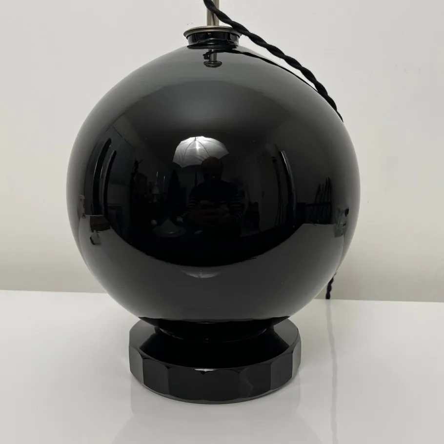 Best Pamono Spherical Desk Lamp in Black Opaline Glass in the style of Jacques Adnet, France, 1930s