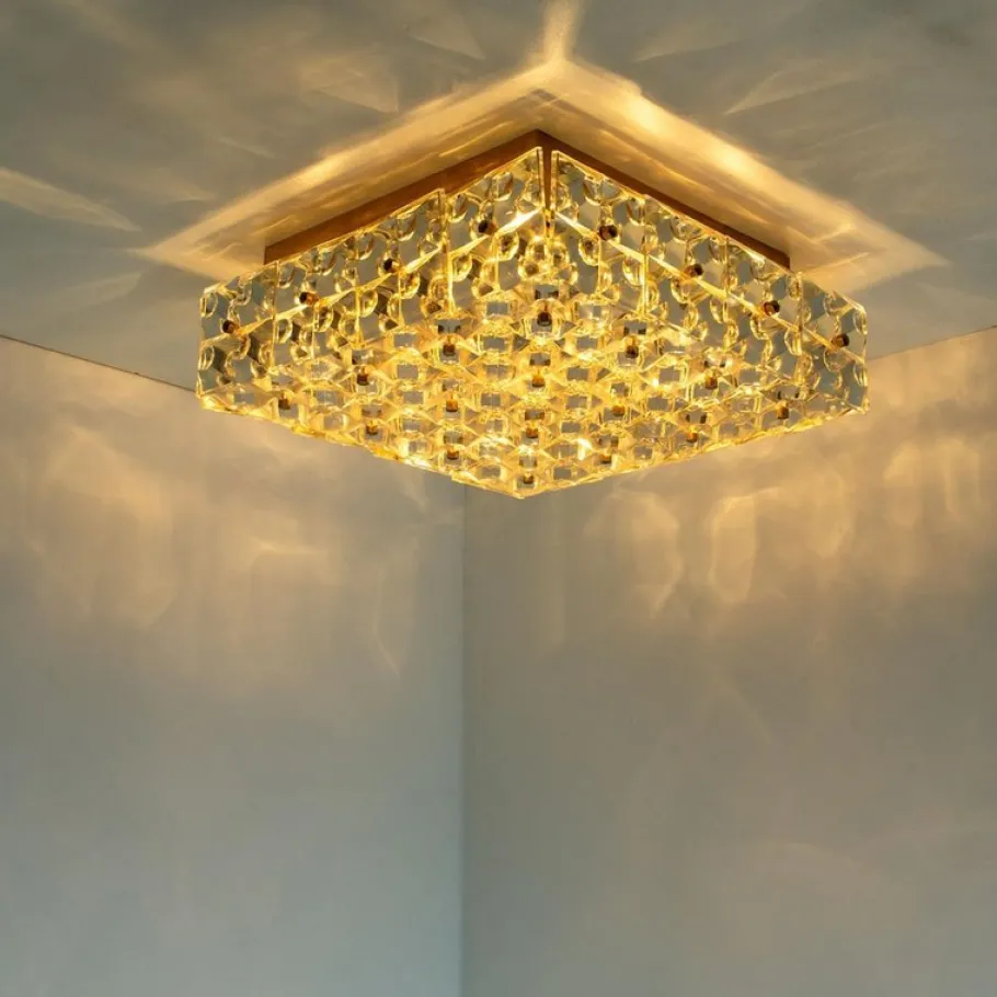 Discount Pamono Square Crystal Glass and Brass Flush Mount from Kinkeldey, Germany, 1970s