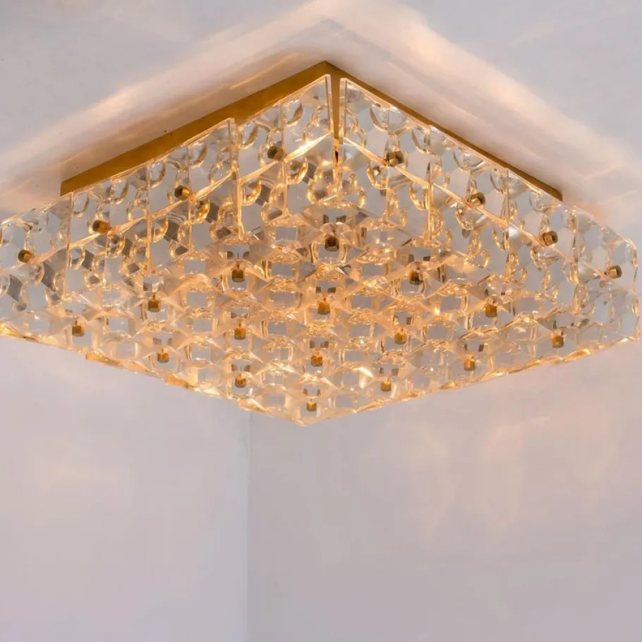 Discount Pamono Square Crystal Glass and Brass Flush Mount from Kinkeldey, Germany, 1970s