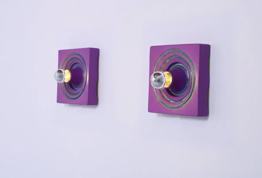 New Pamono Square Purple Ceramic Wall Lights from Kaiser Leuchten, 1970s, Set of 2