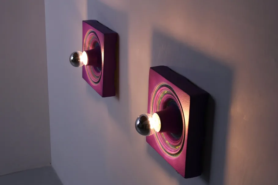 New Pamono Square Purple Ceramic Wall Lights from Kaiser Leuchten, 1970s, Set of 2