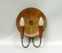 New Pamono Sunburst Wall Light in Wood & Brass from Temde, 1950s