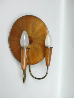New Pamono Sunburst Wall Light in Wood & Brass from Temde, 1950s