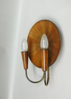 New Pamono Sunburst Wall Light in Wood & Brass from Temde, 1950s