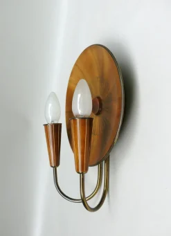 New Pamono Sunburst Wall Light in Wood & Brass from Temde, 1950s