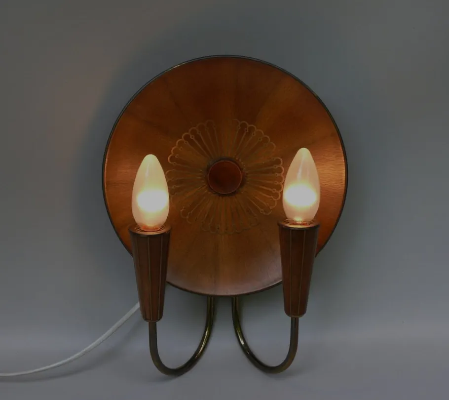 New Pamono Sunburst Wall Light in Wood & Brass from Temde, 1950s