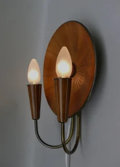 New Pamono Sunburst Wall Light in Wood & Brass from Temde, 1950s