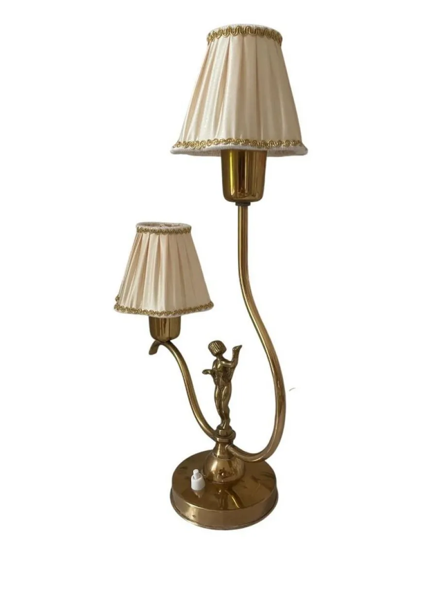 Best Pamono Swedish Art Deco Brass Table Lamp with Figural Base and Silk Shades, 1930s