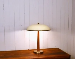 New Pamono Swedish Modern Brass and Oak Table Lamp by Erik Tidstrand for Nordiska Kompaniet, 1940s