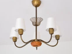 Clearance Pamono Swedish Modern Brass, Oak and Silk Five Arm Chandelier from ASEA, Sweden, 1950s