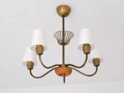 Clearance Pamono Swedish Modern Brass, Oak and Silk Five Arm Chandelier from ASEA, Sweden, 1950s