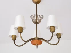 Clearance Pamono Swedish Modern Brass, Oak and Silk Five Arm Chandelier from ASEA, Sweden, 1950s