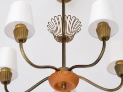 Clearance Pamono Swedish Modern Brass, Oak and Silk Five Arm Chandelier from ASEA, Sweden, 1950s