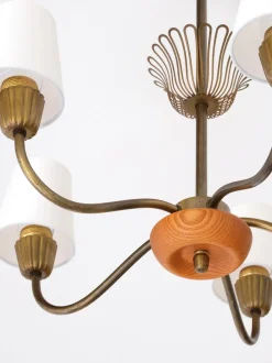 Clearance Pamono Swedish Modern Brass, Oak and Silk Five Arm Chandelier from ASEA, Sweden, 1950s