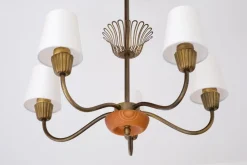 Clearance Pamono Swedish Modern Brass, Oak and Silk Five Arm Chandelier from ASEA, Sweden, 1950s