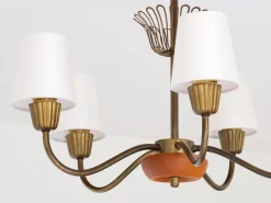 Clearance Pamono Swedish Modern Brass, Oak and Silk Five Arm Chandelier from ASEA, Sweden, 1950s