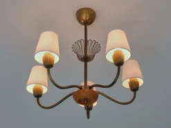 Clearance Pamono Swedish Modern Brass, Oak and Silk Five Arm Chandelier from ASEA, Sweden, 1950s