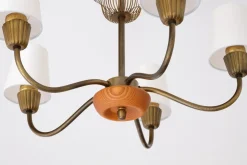 Clearance Pamono Swedish Modern Brass, Oak and Silk Five Arm Chandelier from ASEA, Sweden, 1950s