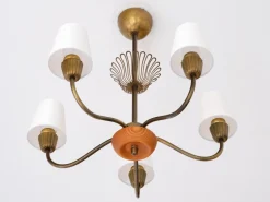 Clearance Pamono Swedish Modern Brass, Oak and Silk Five Arm Chandelier from ASEA, Sweden, 1950s