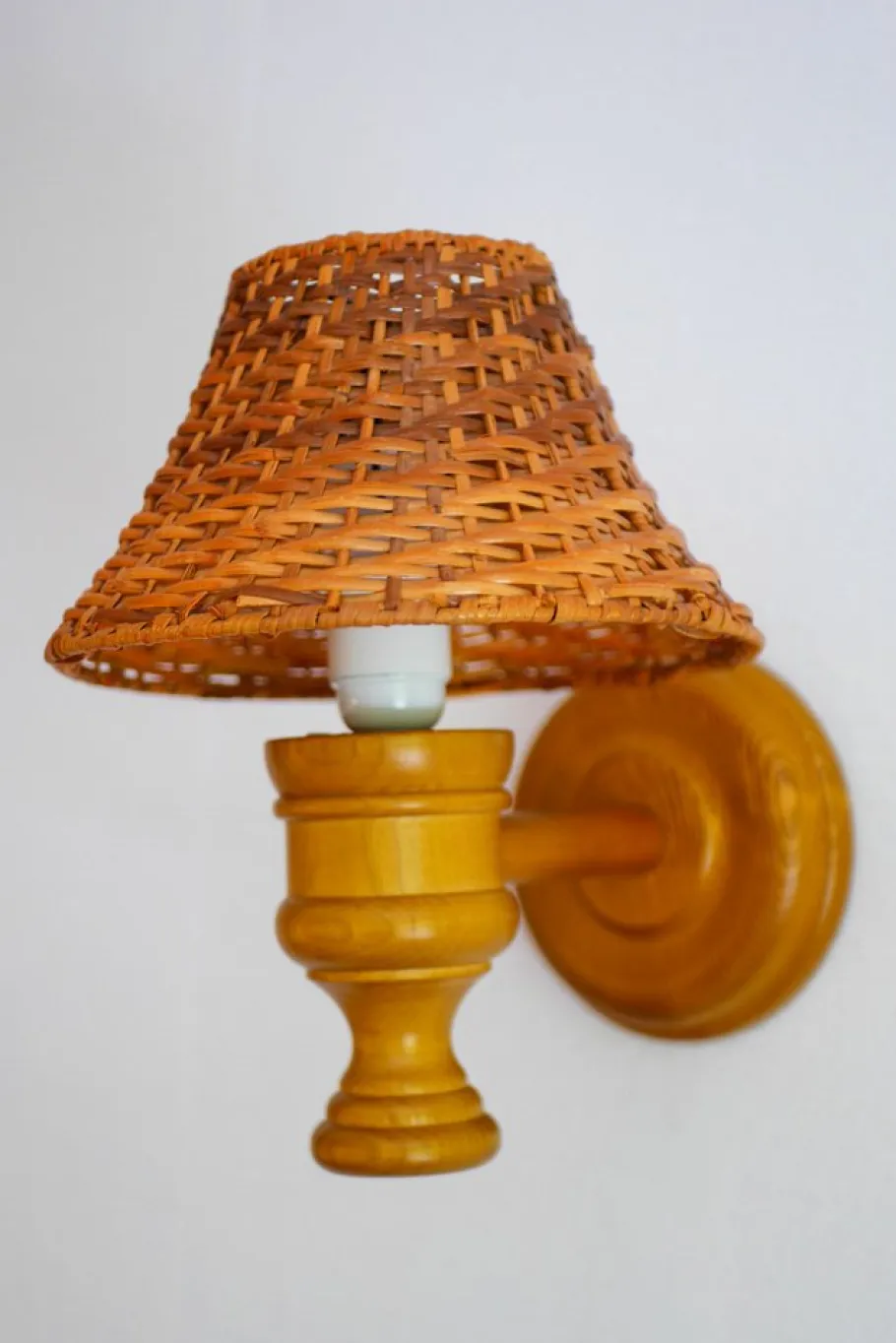 New Pamono Swedish Wooden Sconce and Rattan Shade, a Vintage Wall Lamp by Ikea Sweden