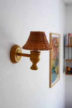 New Pamono Swedish Wooden Sconce and Rattan Shade, a Vintage Wall Lamp by Ikea Sweden