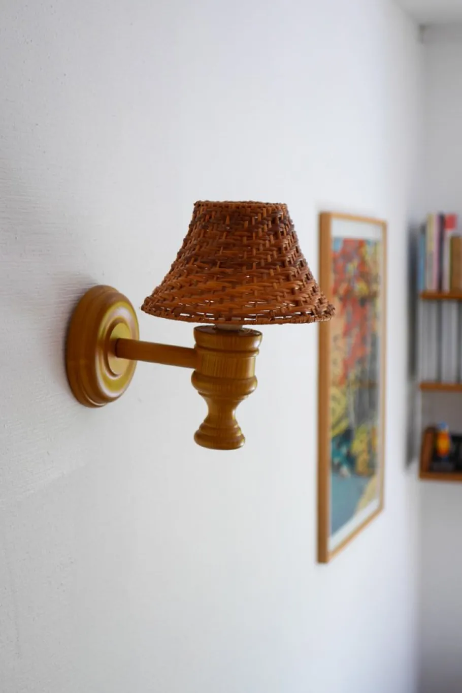 New Pamono Swedish Wooden Sconce and Rattan Shade, a Vintage Wall Lamp by Ikea Sweden
