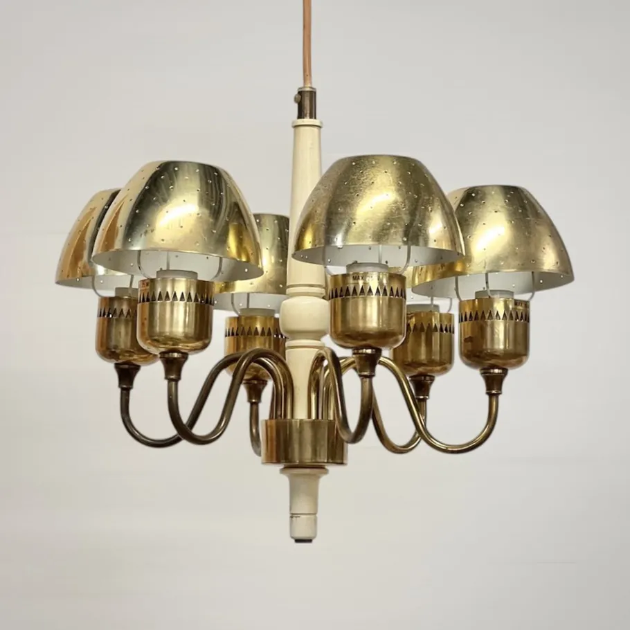 Clearance Pamono T 526 Chandelier in Brass and Wood Markaryd by Hans-Agne Jakobsson for Hans-Agne Jakobsson Ab Markaryd, 1960s
