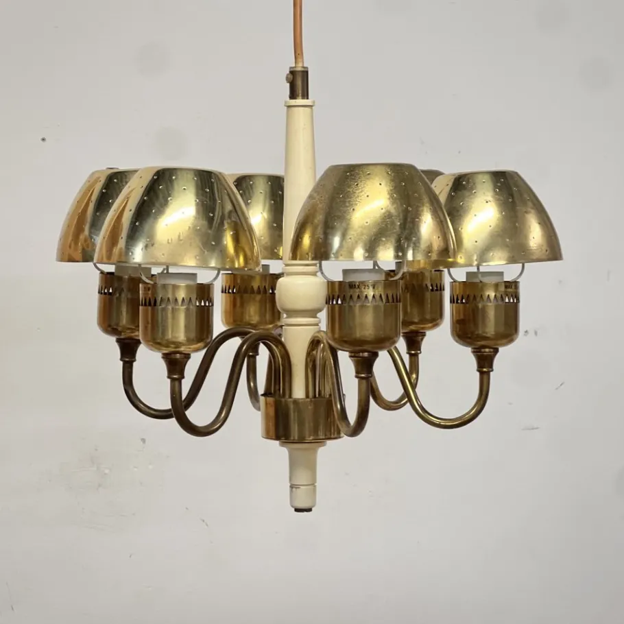 Clearance Pamono T 526 Chandelier in Brass and Wood Markaryd by Hans-Agne Jakobsson for Hans-Agne Jakobsson Ab Markaryd, 1960s