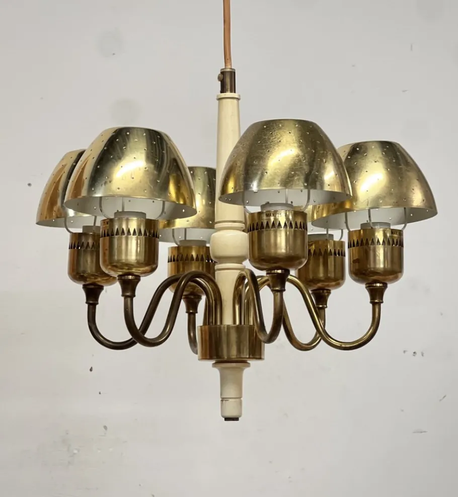 Clearance Pamono T 526 Chandelier in Brass and Wood Markaryd by Hans-Agne Jakobsson for Hans-Agne Jakobsson Ab Markaryd, 1960s