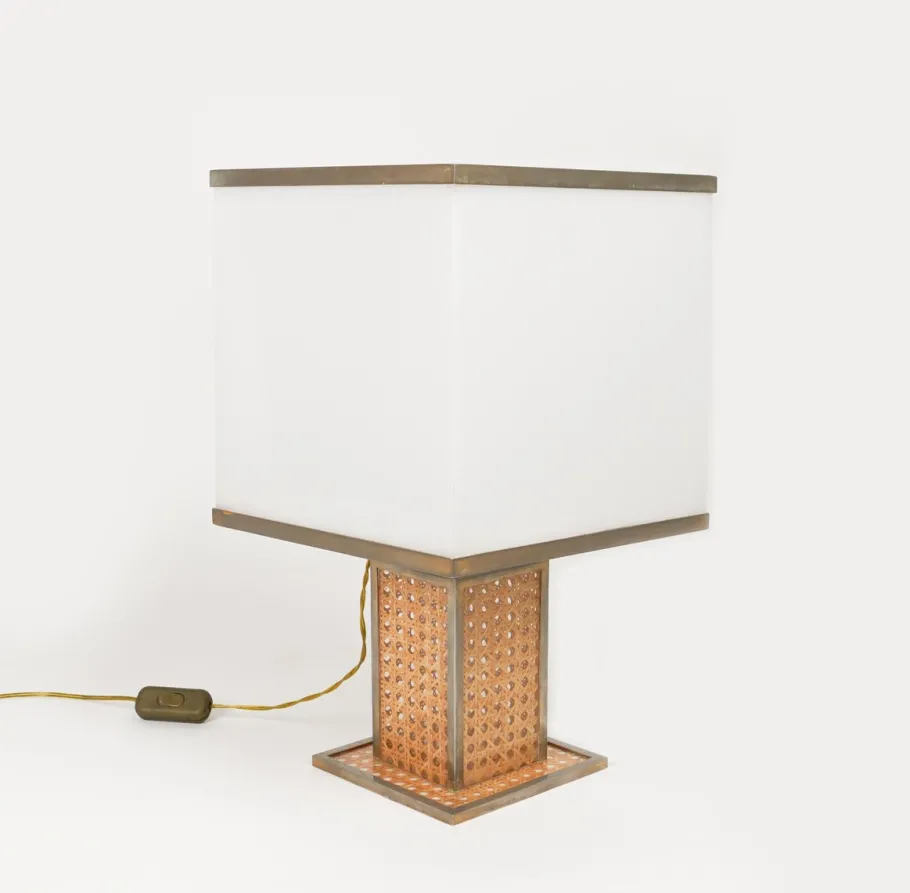 Best Pamono Table Lamp in Acrylic Glass, Rattan and Brass by Christian Dior, Italy, 1970s