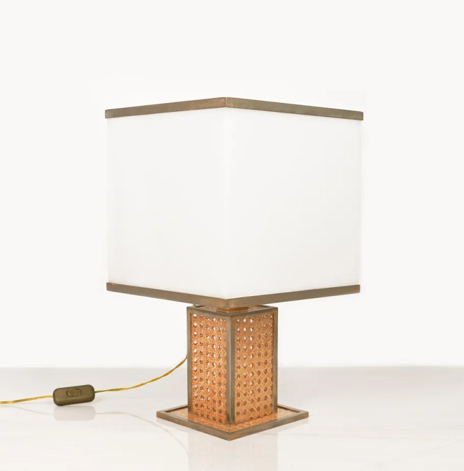 Best Pamono Table Lamp in Acrylic Glass, Rattan and Brass by Christian Dior, Italy, 1970s