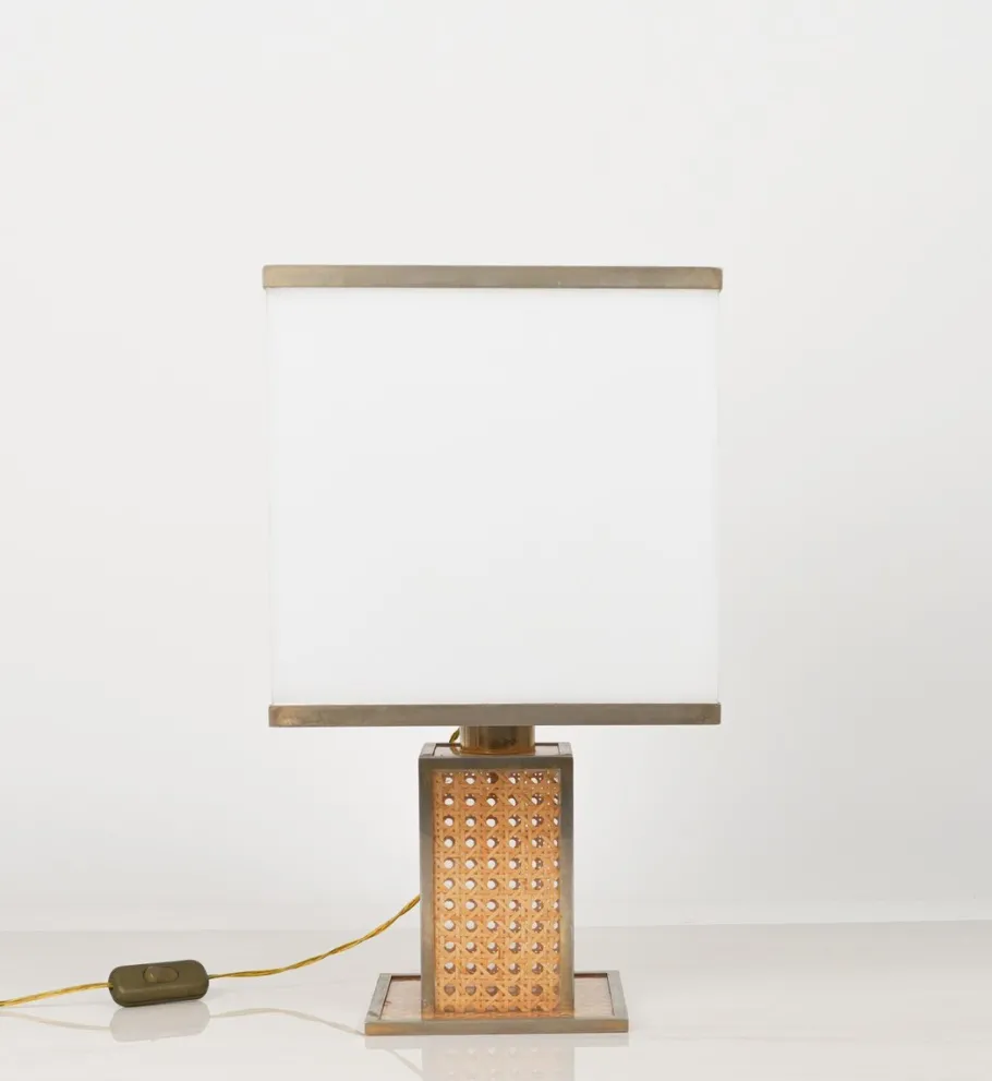 Best Pamono Table Lamp in Acrylic Glass, Rattan and Brass by Christian Dior, Italy, 1970s