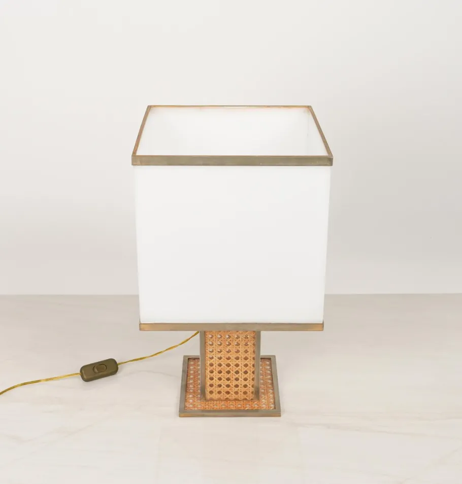 Best Pamono Table Lamp in Acrylic Glass, Rattan and Brass by Christian Dior, Italy, 1970s