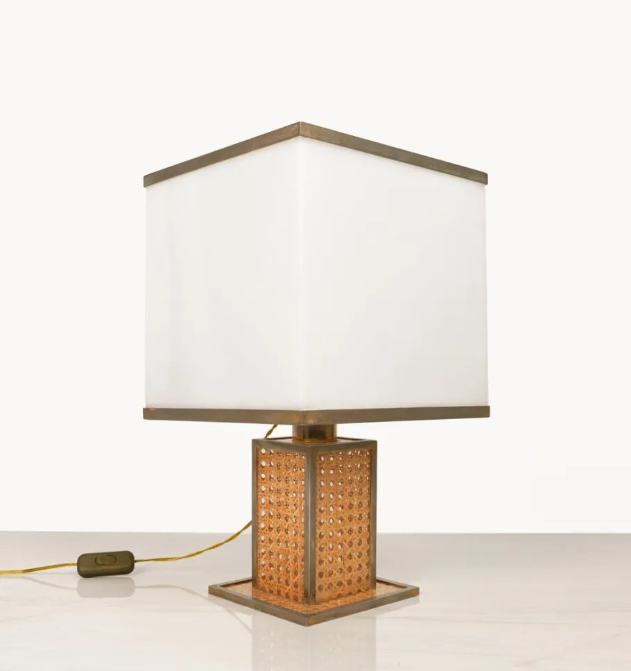 Best Pamono Table Lamp in Acrylic Glass, Rattan and Brass by Christian Dior, Italy, 1970s
