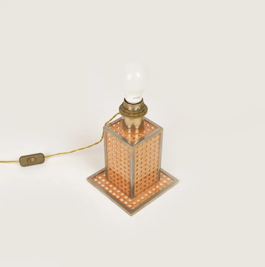 Best Pamono Table Lamp in Acrylic Glass, Rattan and Brass by Christian Dior, Italy, 1970s