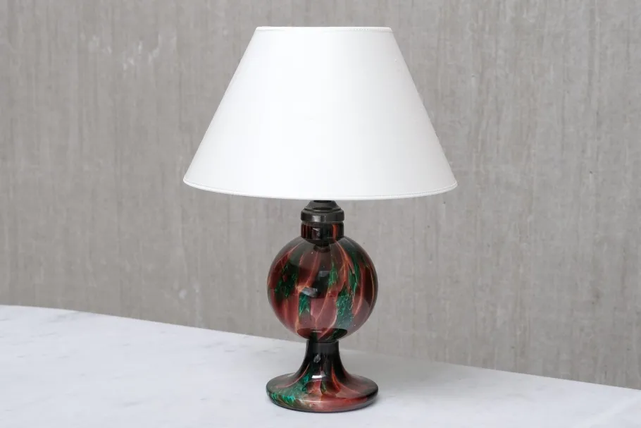 Clearance Pamono Table Lamp in Emerald and Red Marbled Glass from Pukebergs Glasbruk, Sweden, 1920s