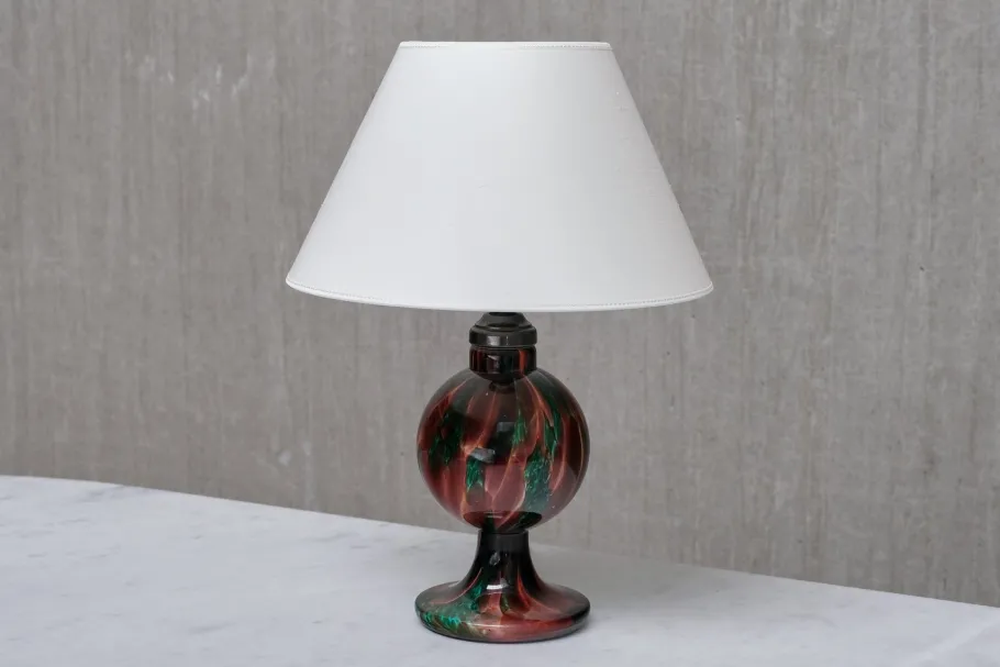 Clearance Pamono Table Lamp in Emerald and Red Marbled Glass from Pukebergs Glasbruk, Sweden, 1920s