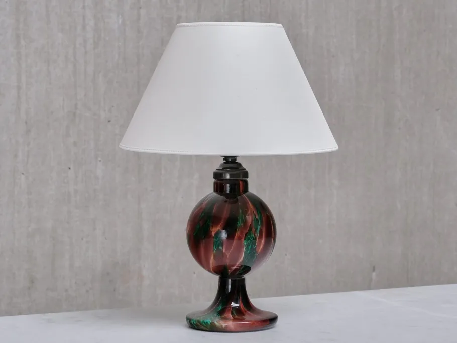 Clearance Pamono Table Lamp in Emerald and Red Marbled Glass from Pukebergs Glasbruk, Sweden, 1920s