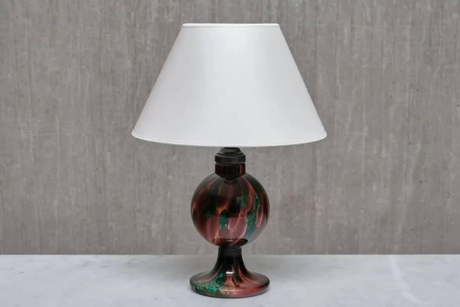 Clearance Pamono Table Lamp in Emerald and Red Marbled Glass from Pukebergs Glasbruk, Sweden, 1920s