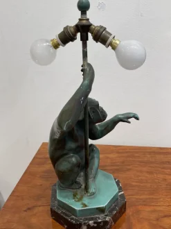 Hot Pamono Table Lamp of a Monkey with an Umbrella by Le Verrier, 1920s