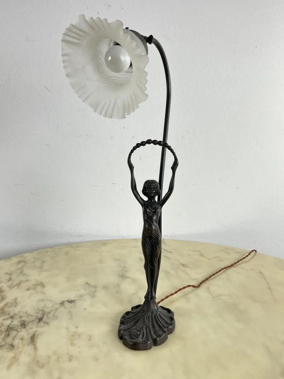 Sale Pamono Table Lamp with Art Deco Bronze Statuette and White Art Glass Tulip Bowl, France, 1940s