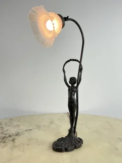 Sale Pamono Table Lamp with Art Deco Bronze Statuette and White Art Glass Tulip Bowl, France, 1940s