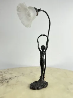 Sale Pamono Table Lamp with Art Deco Bronze Statuette and White Art Glass Tulip Bowl, France, 1940s
