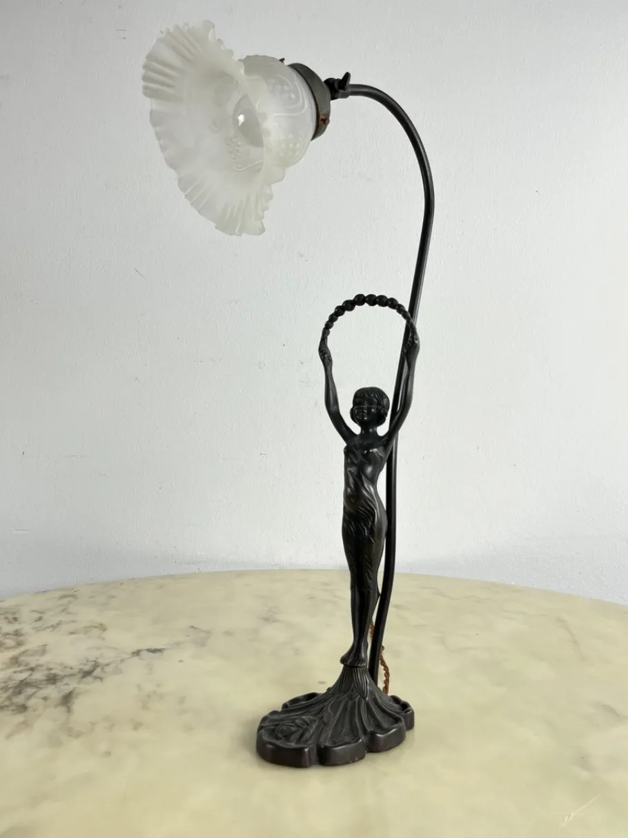 Sale Pamono Table Lamp with Art Deco Bronze Statuette and White Art Glass Tulip Bowl, France, 1940s