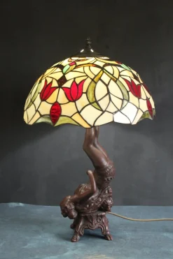 Clearance Pamono Table Lamp with Heavy Bronze Figural Base in the style of Tiffany