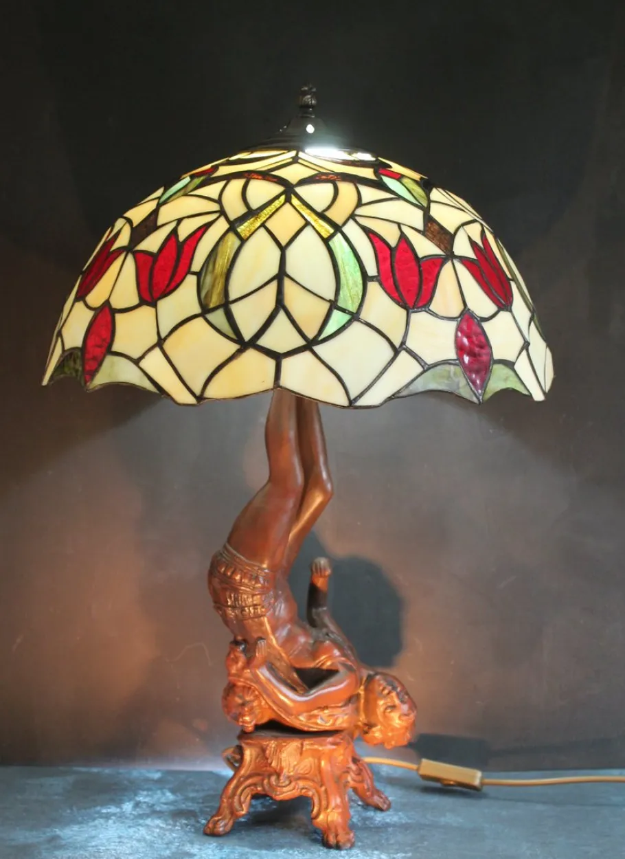 Clearance Pamono Table Lamp with Heavy Bronze Figural Base in the style of Tiffany