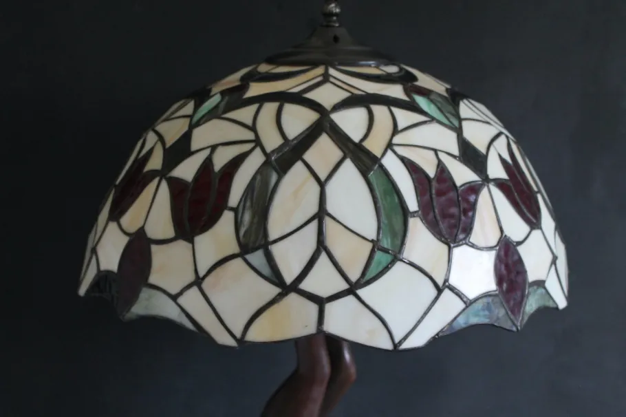 Clearance Pamono Table Lamp with Heavy Bronze Figural Base in the style of Tiffany