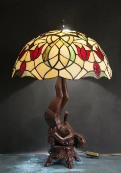Clearance Pamono Table Lamp with Heavy Bronze Figural Base in the style of Tiffany